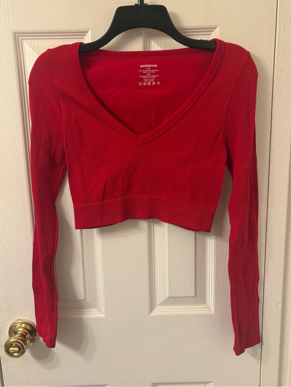 Ambiance Red Ribbed V-Neck Cropped Long Sleeve Top
